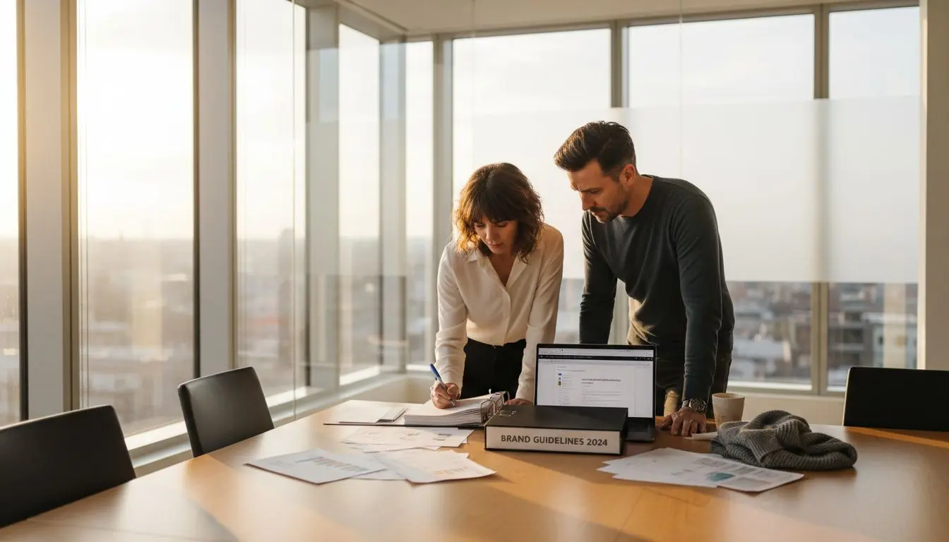 Team reviewing brand guidelines at office table