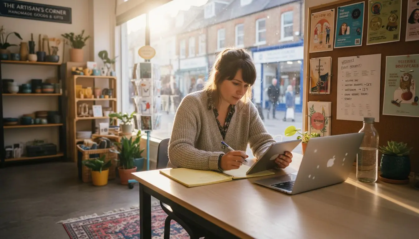Small business owner working on digital marketing in shop office