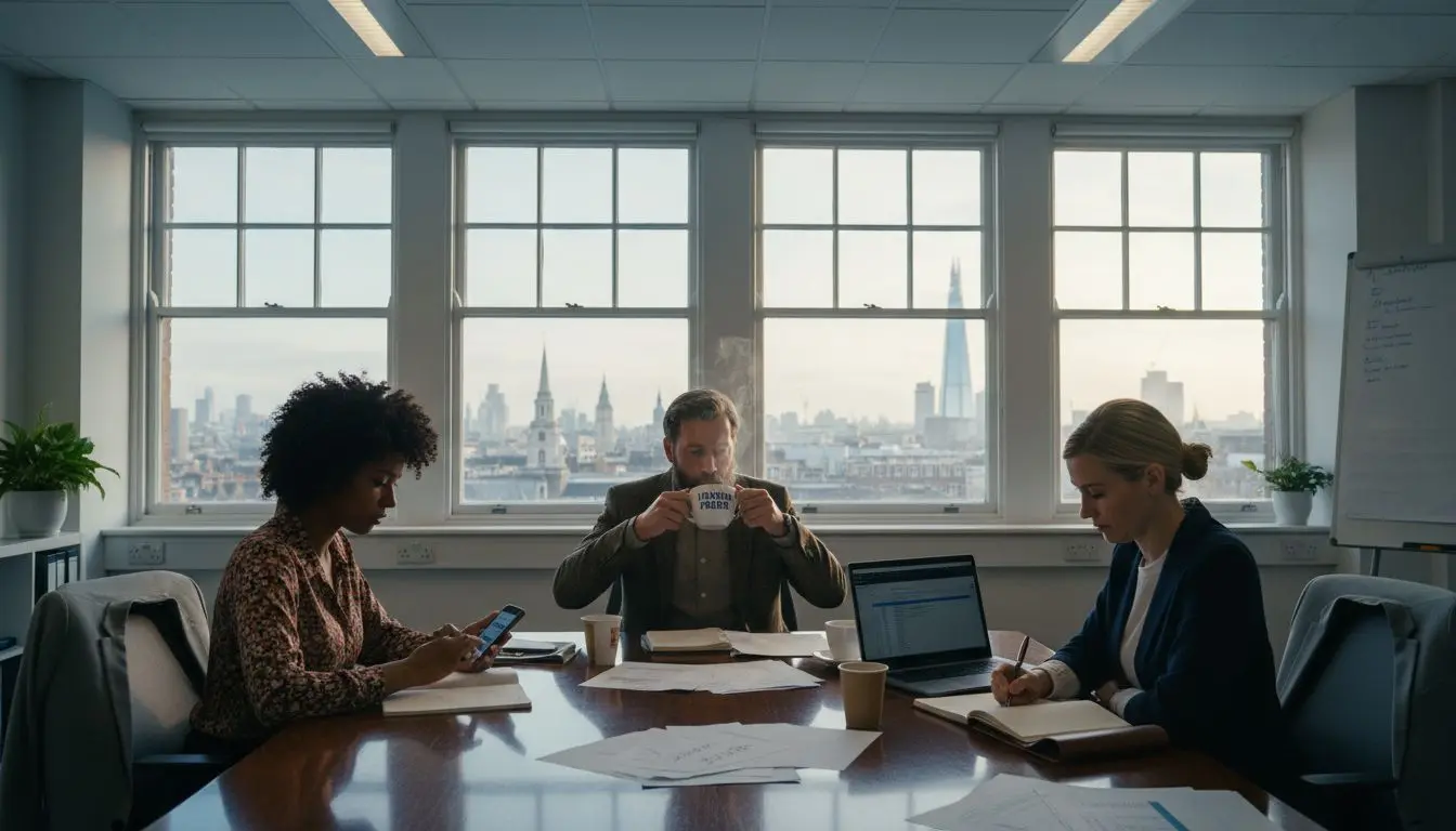 Business team meeting in London office with sunlight