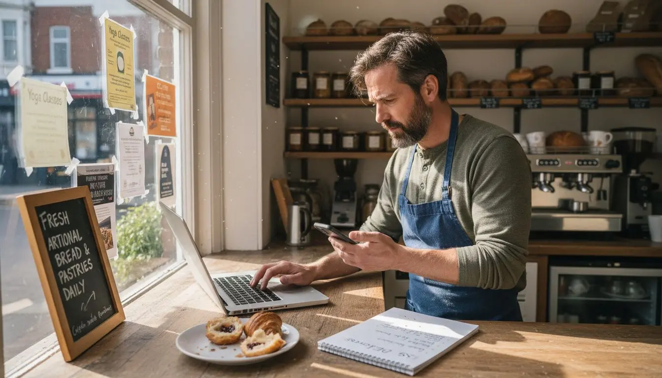 Bakery owner updating local SEO tasks in shop