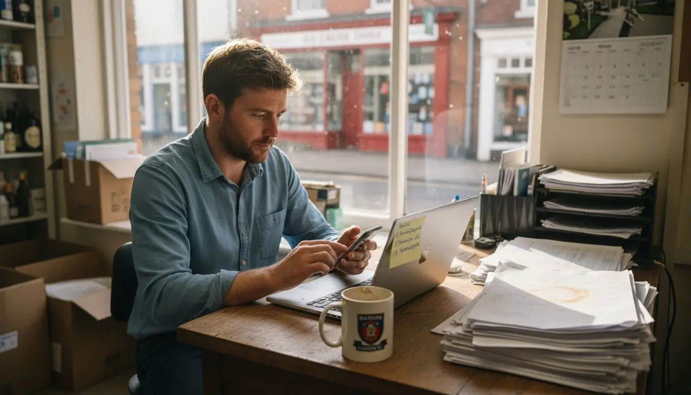 UK shop owner posting to social media at desk