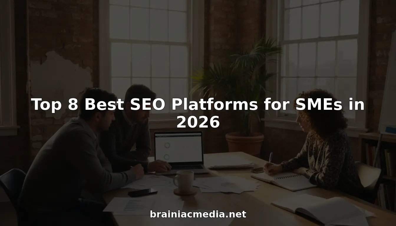 SME team collaborating around SEO dashboard in bright office
