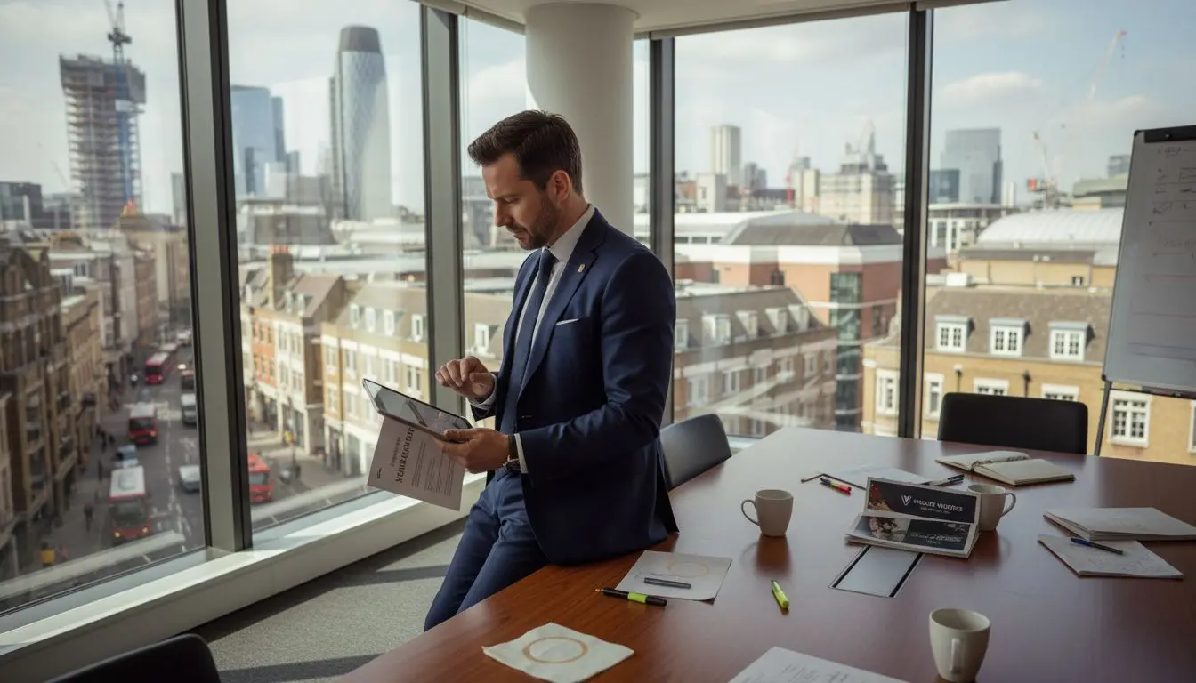 Businessman reviewing strategy in London office
