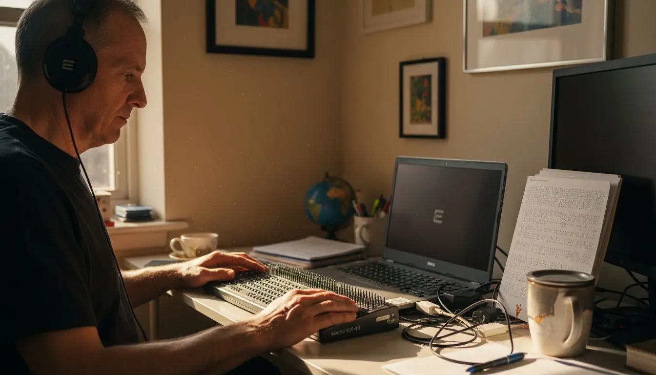 Man using screen reader and braille display