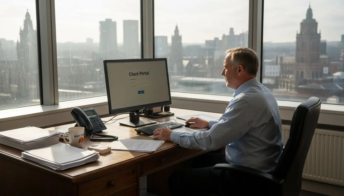 UK SME owner at desk with website open