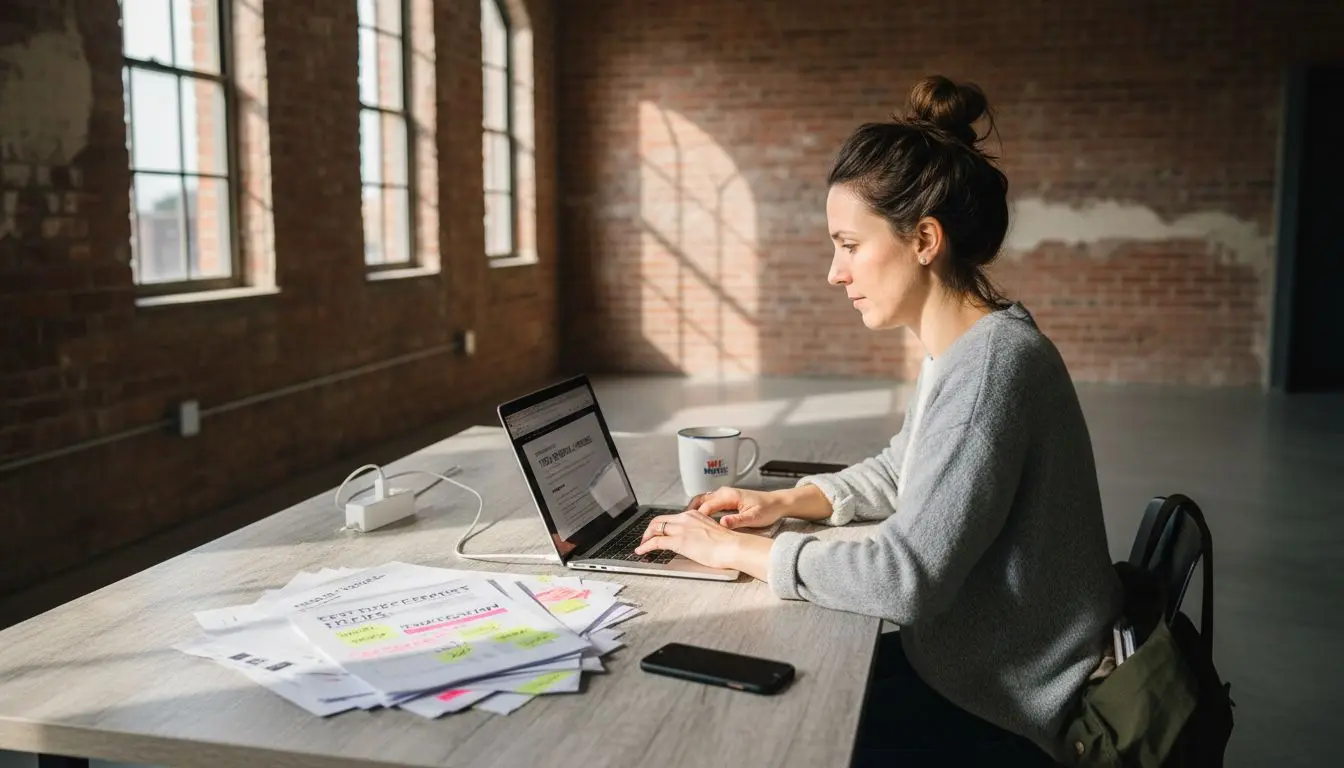 Strategist drafting web copy in bright office