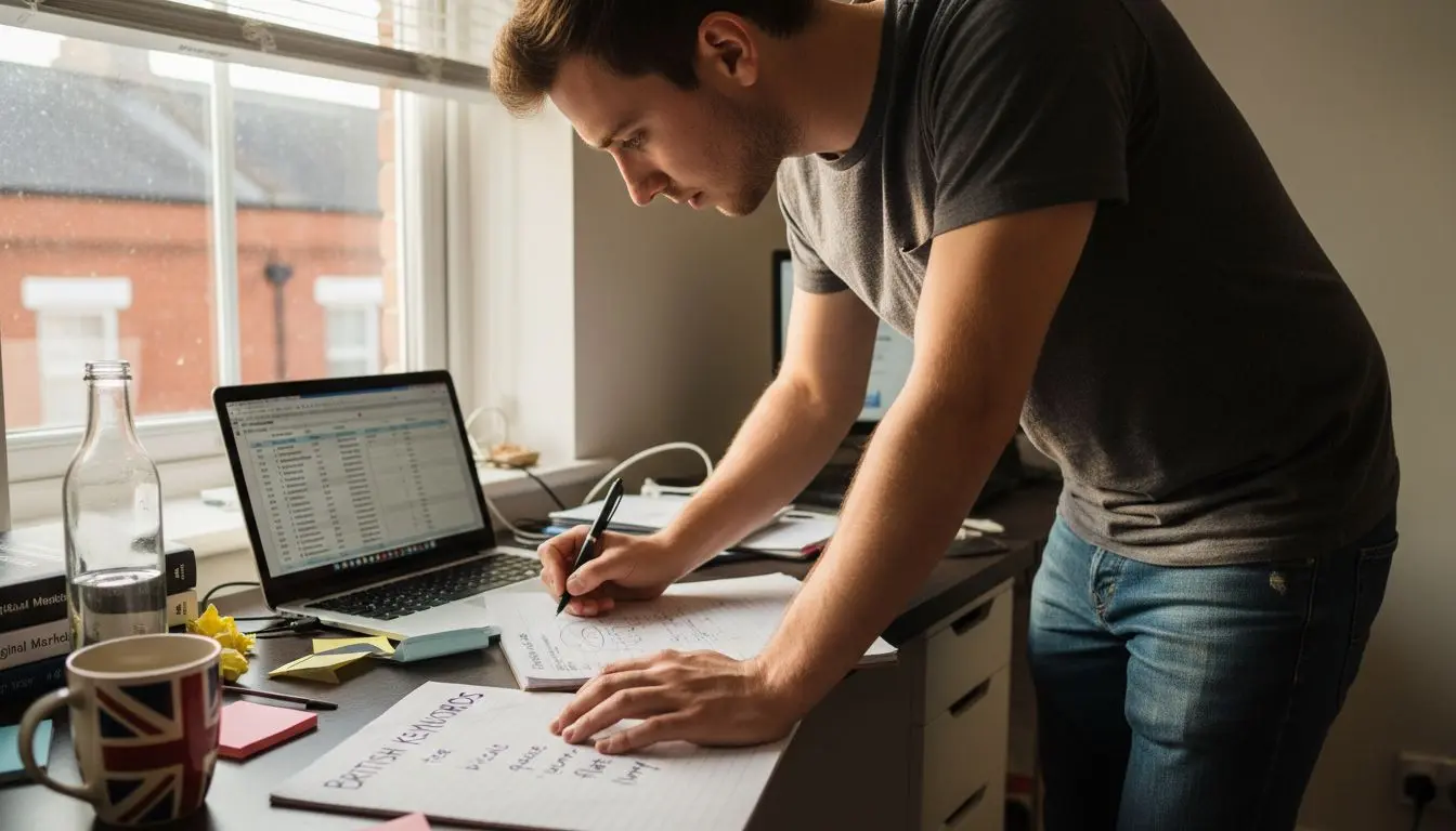 Person researching keywords at cluttered desk