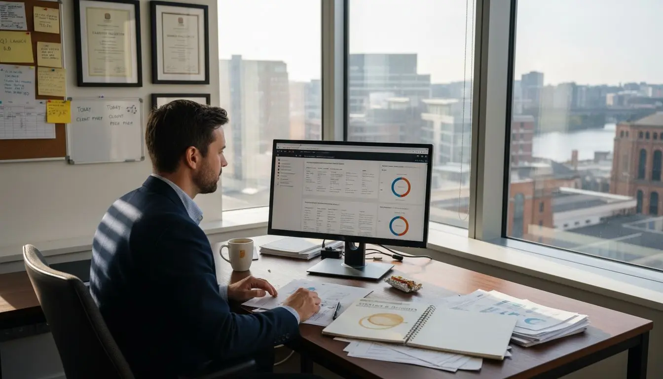 Brand strategist at desk reviewing campaign