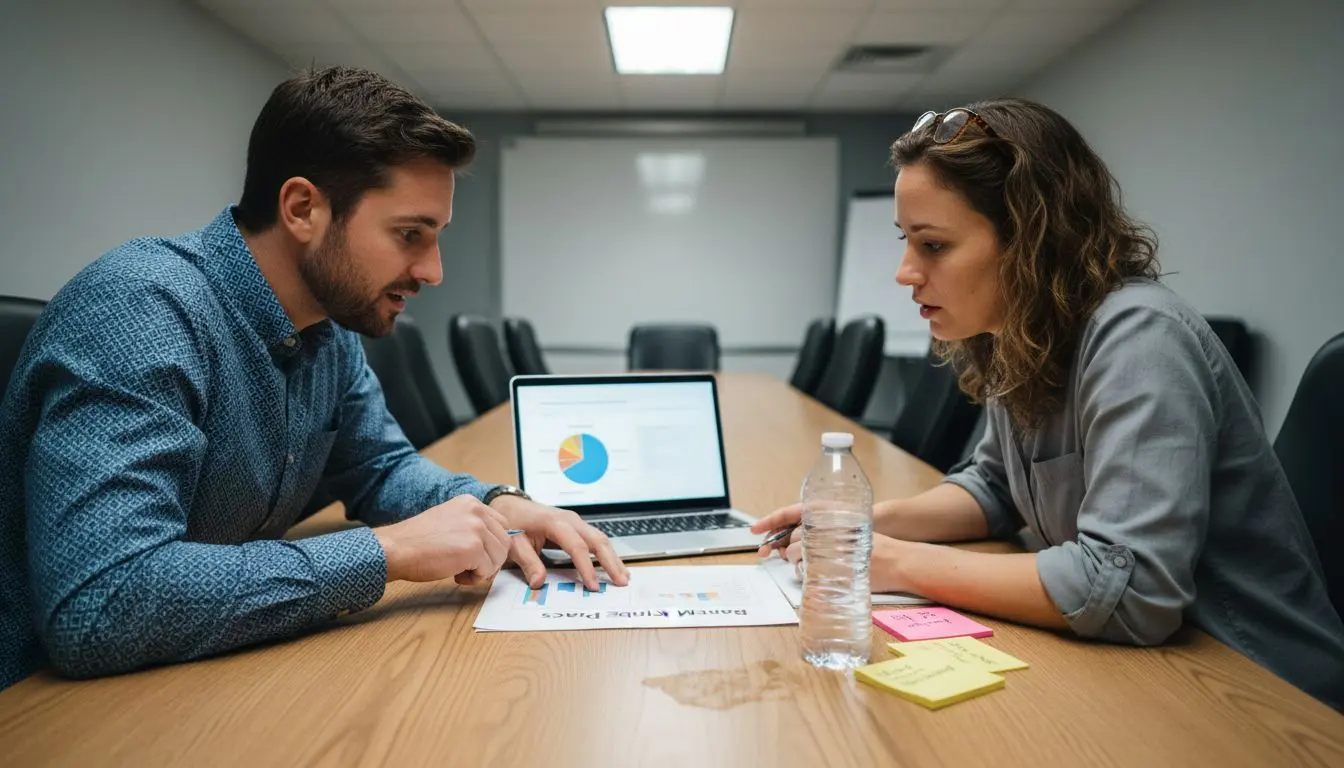 Colleagues reviewing brand equity metrics report