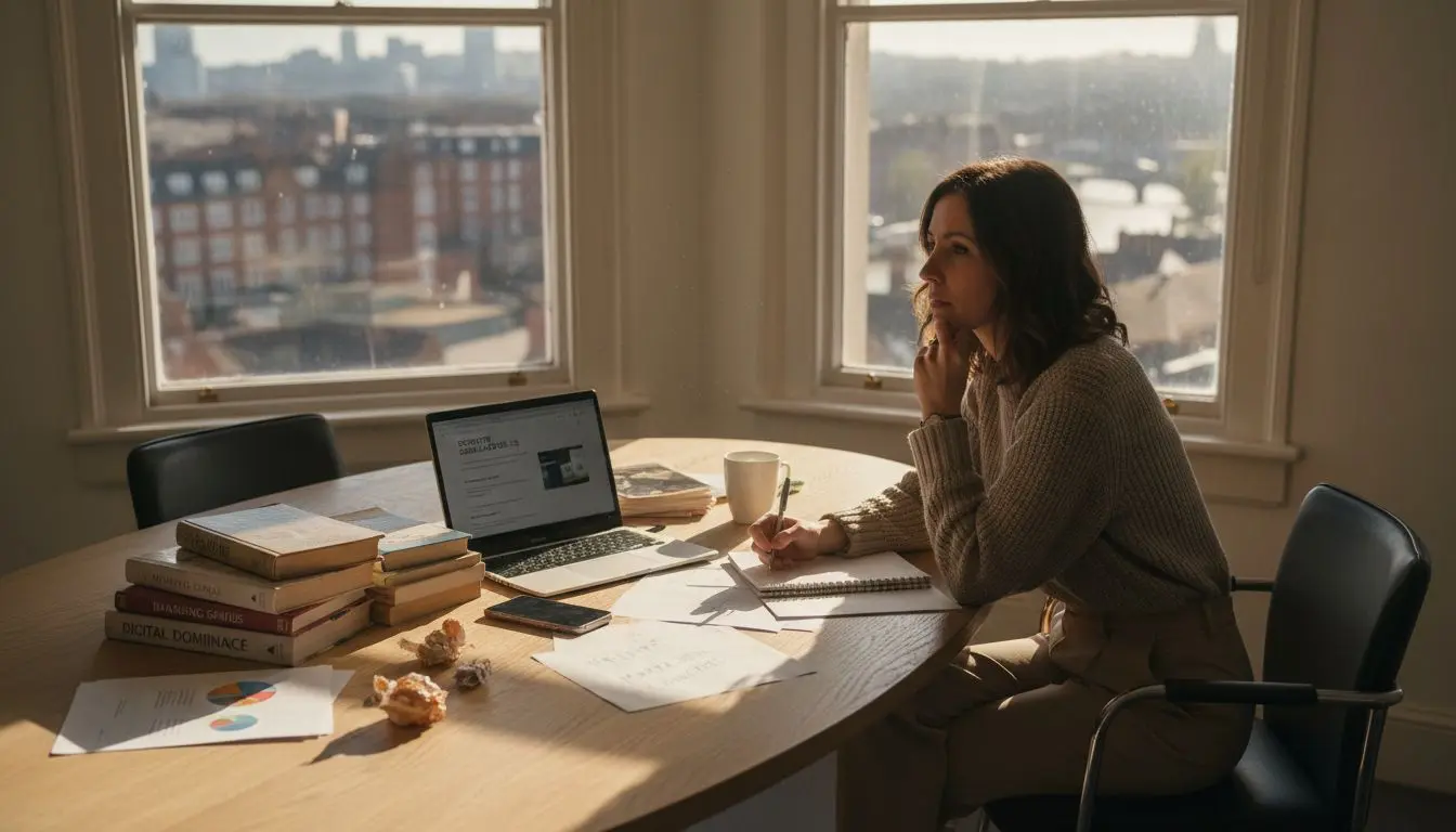 Content creator brainstorming in sunny office workspace