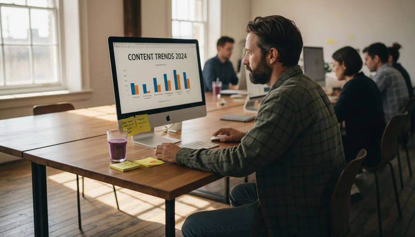 Marketer researching trending topics at desk