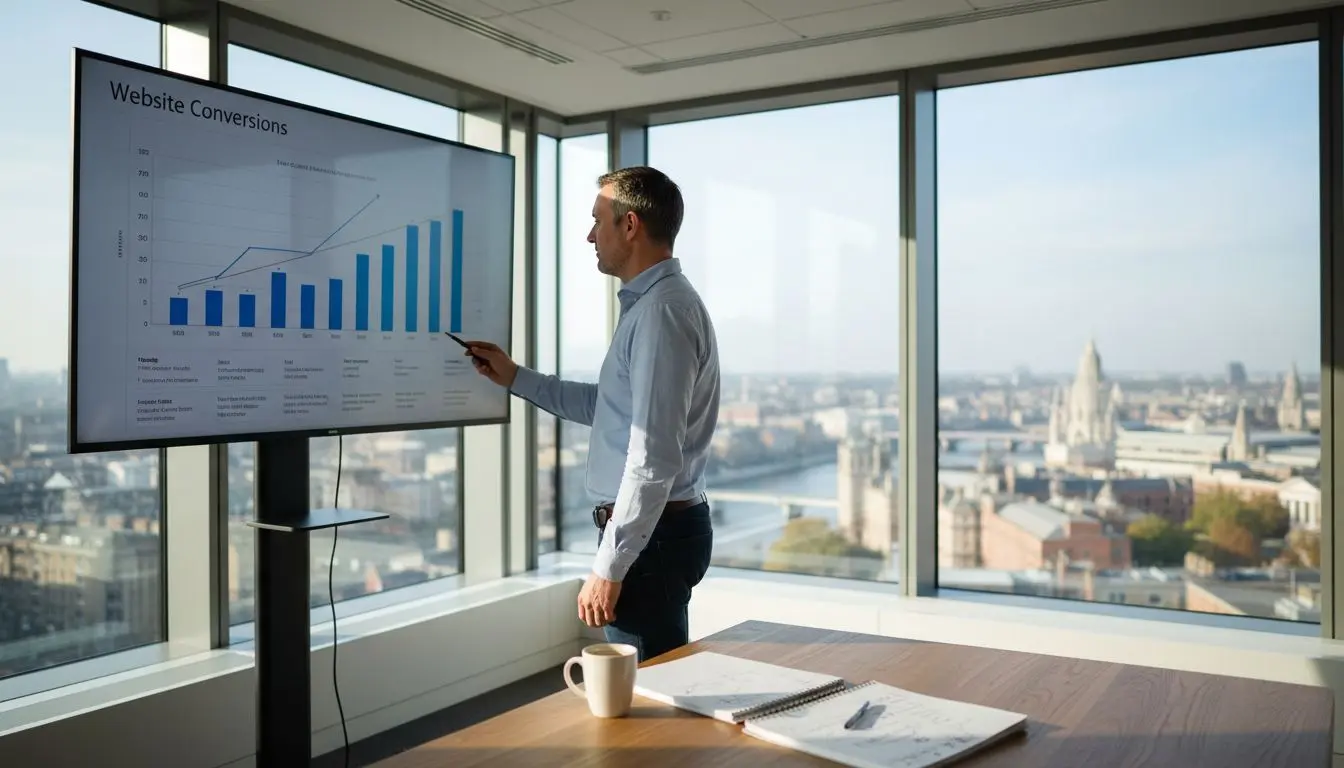 SME owner viewing conversion graph in city office