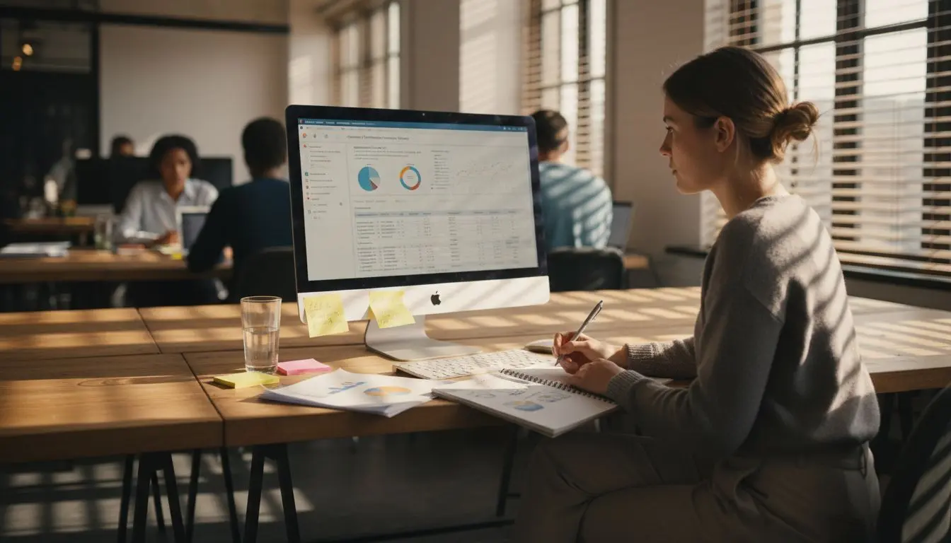 Analyst tracking website conversions at desk