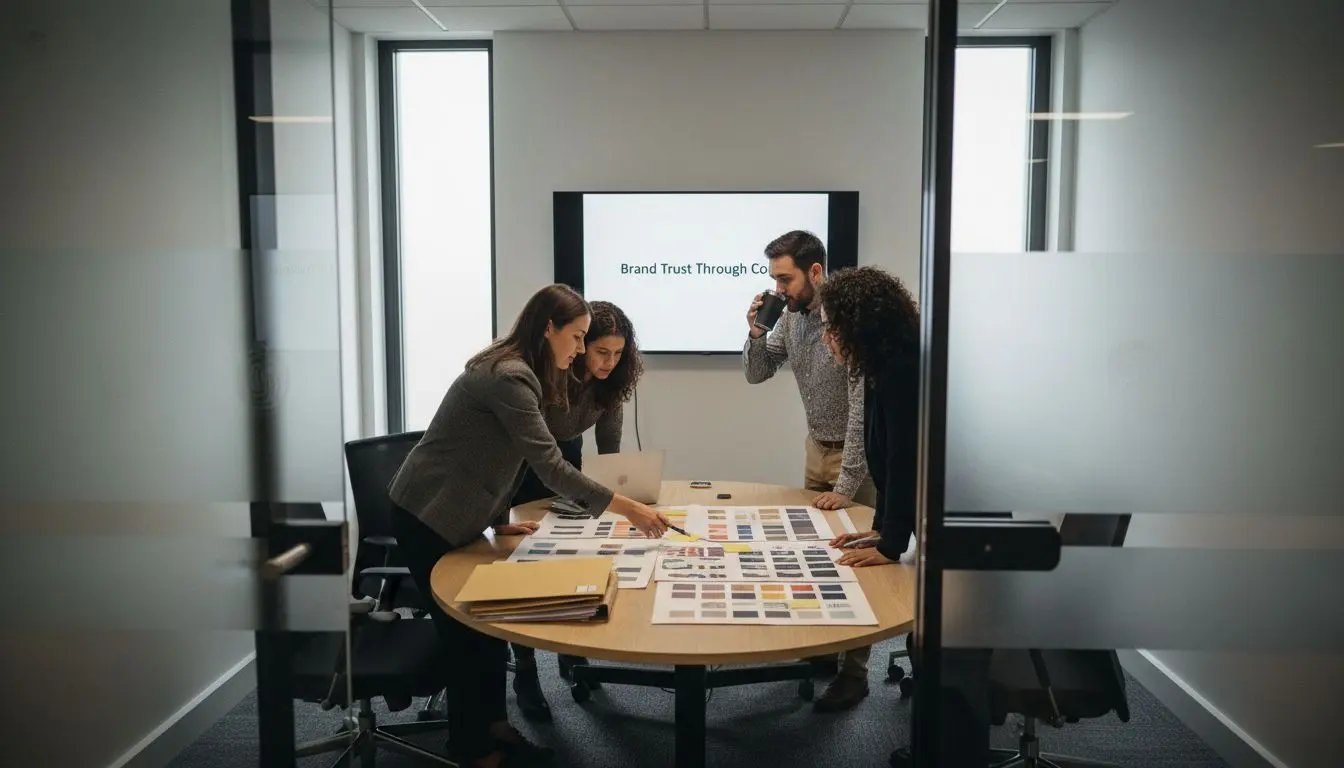 Team reviews color mood boards for branding