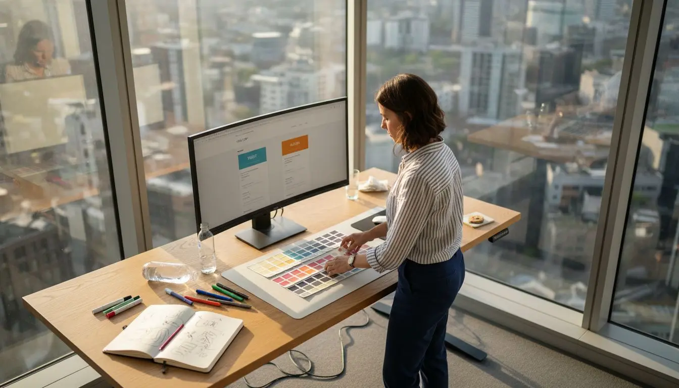 Web designer arranging color swatches at desk