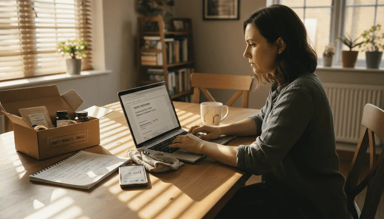 Woman adjusting ecommerce product descriptions at table