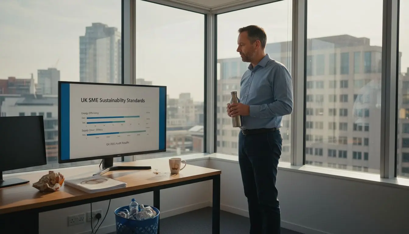 SME owner in sustainable office workspace