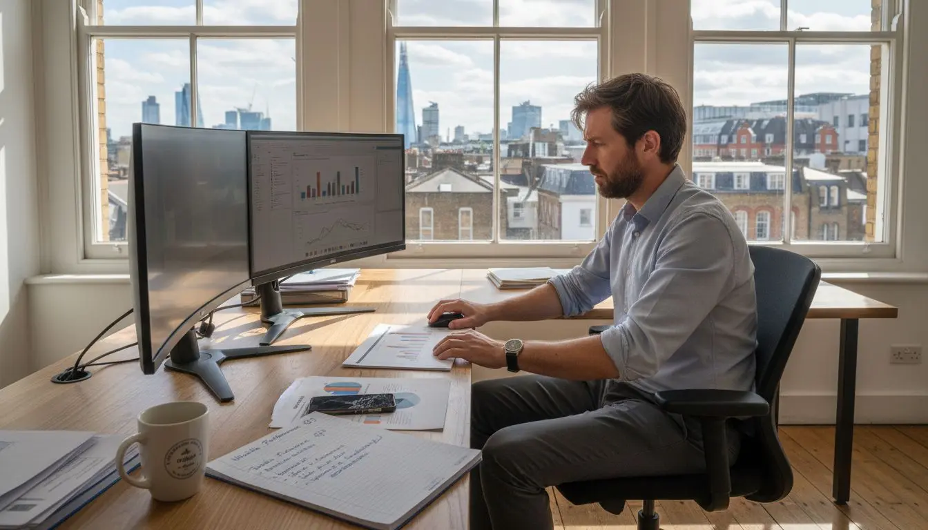 Office worker reviewing website analytics data