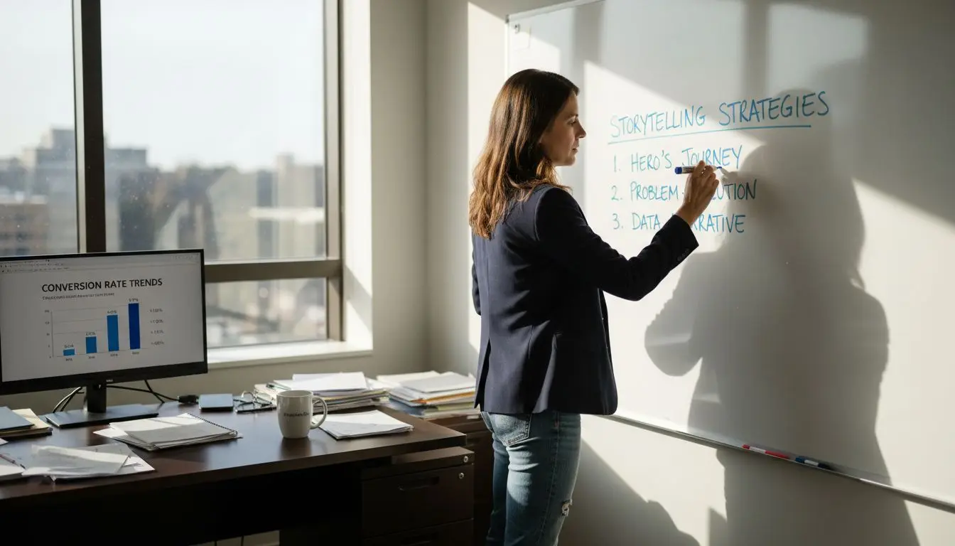 Marketer writes storytelling plan in office