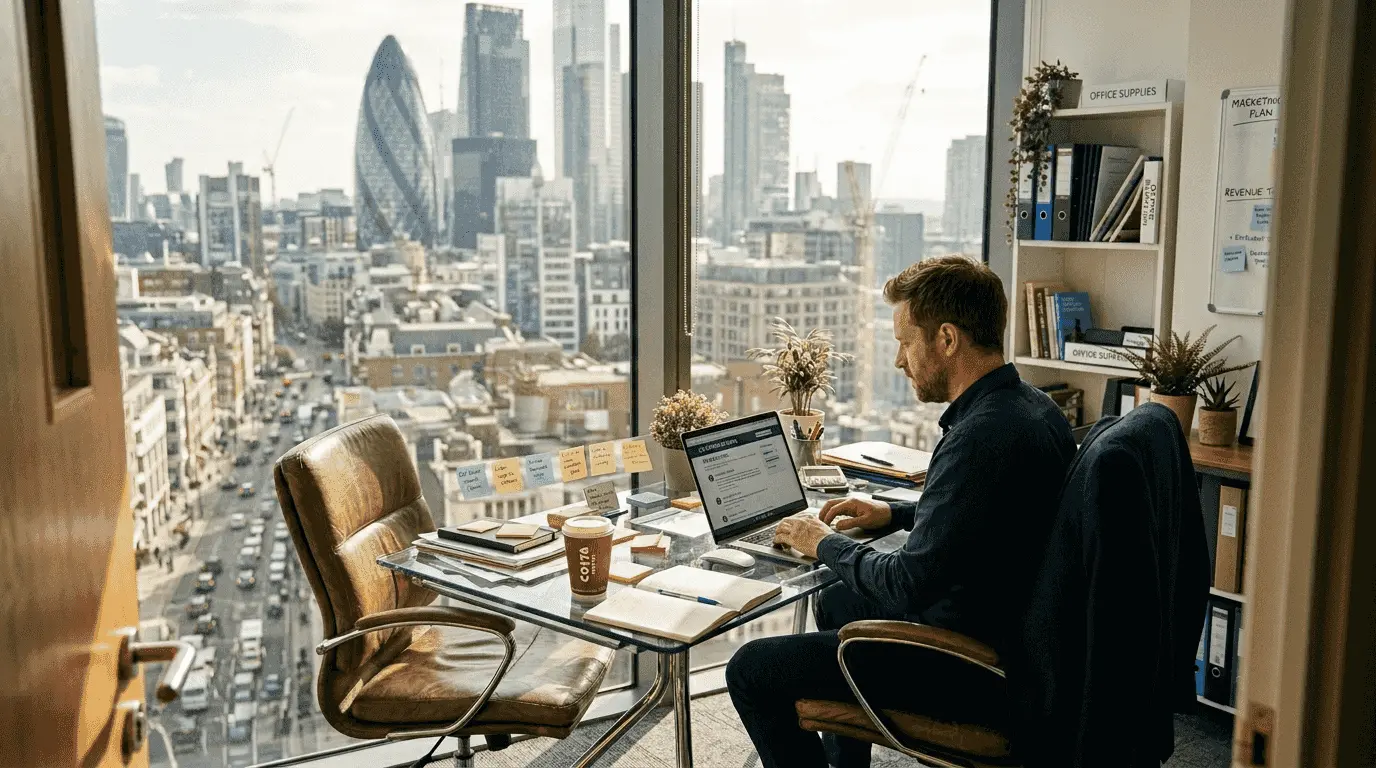 Business owner reviewing online reputation on laptop
