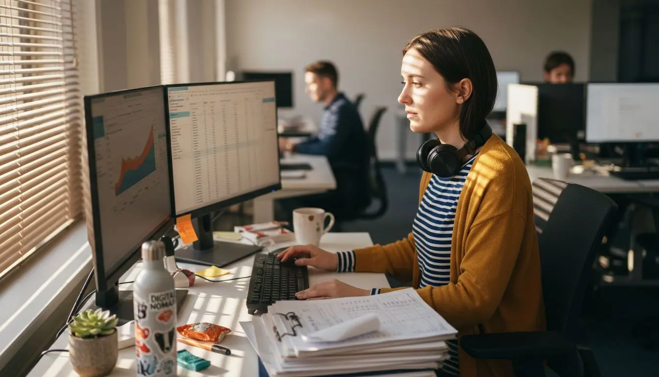 Marketer comparing SEO analytics at desk
