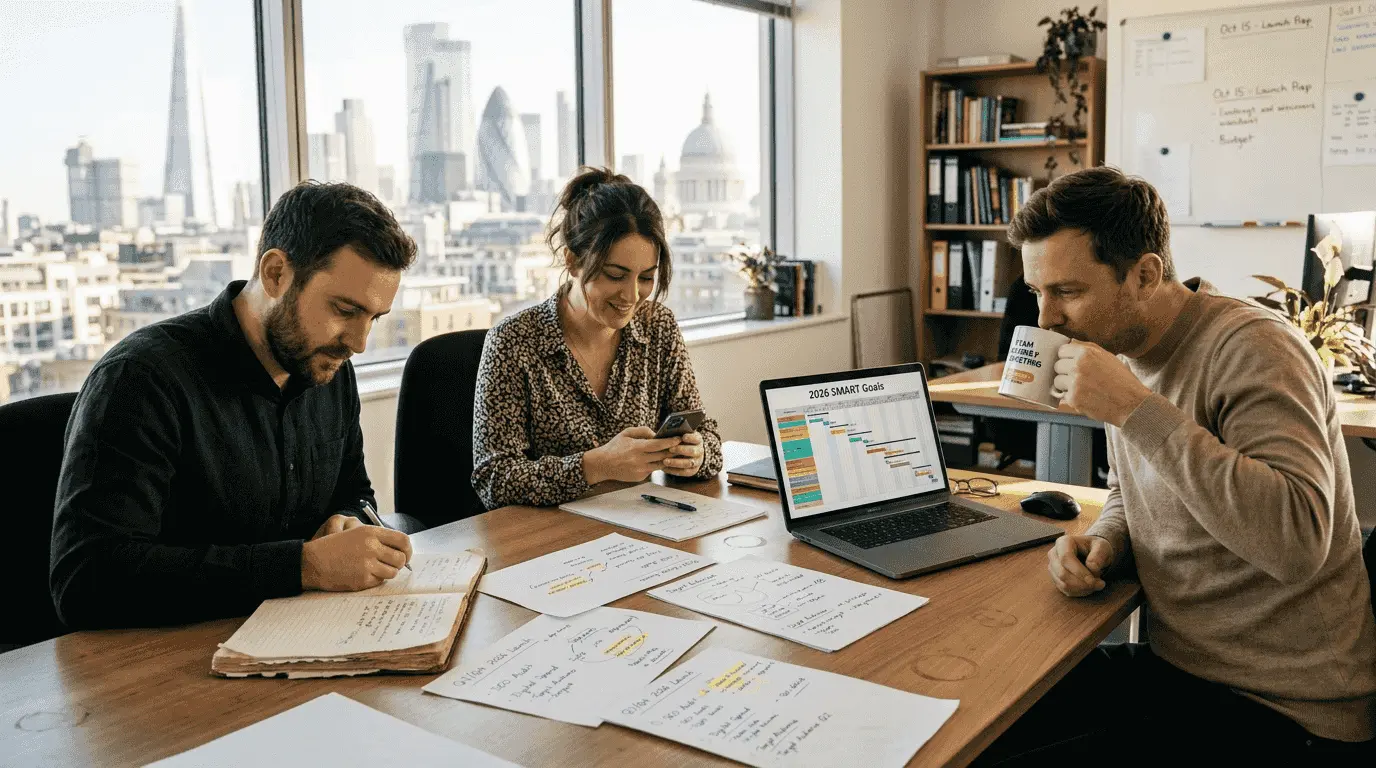 Team setting marketing goals in office