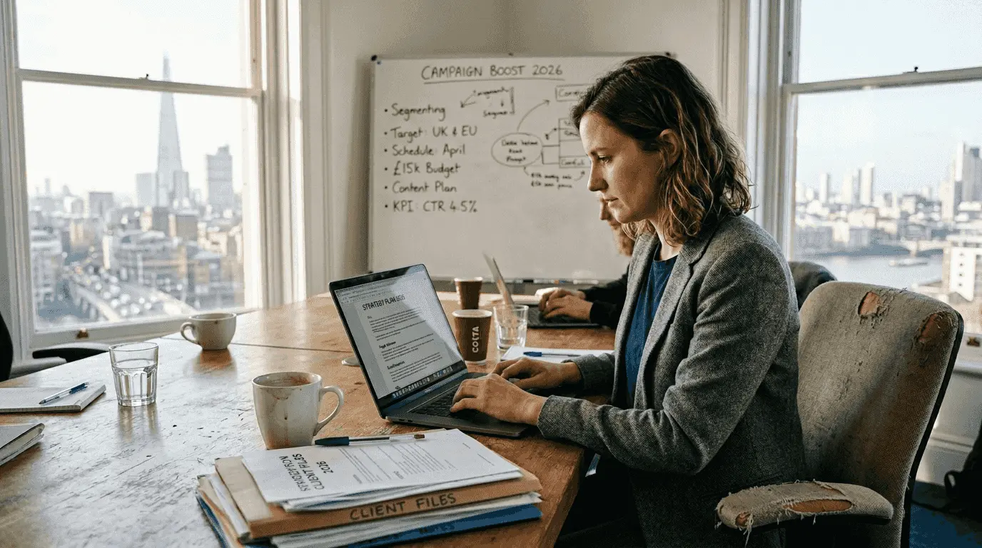 Email strategist in shared office workspace