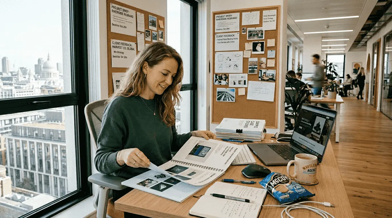 Designer working on portfolio at studio desk