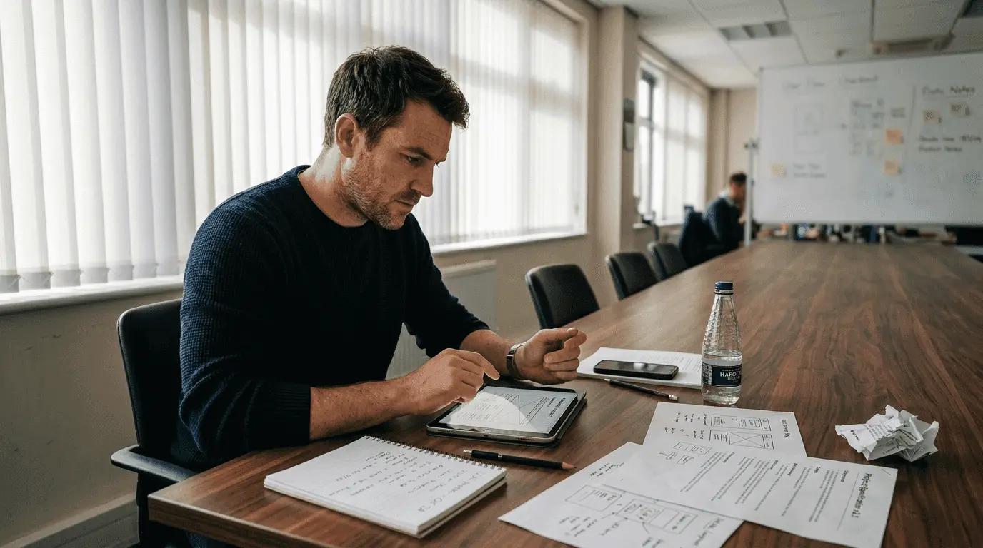 Man reviewing portfolio site layout on tablet