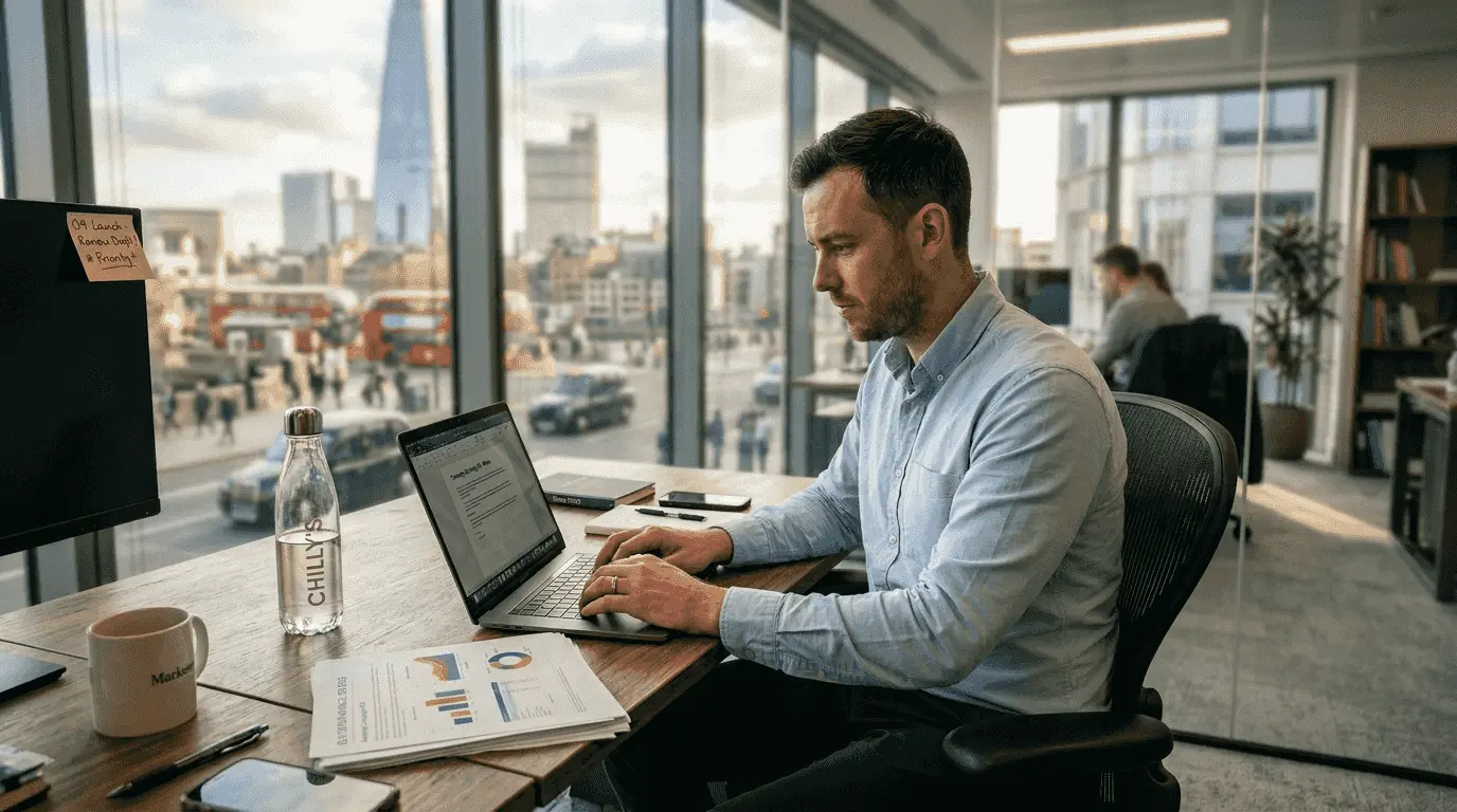 Marketer working at laptop in glass office