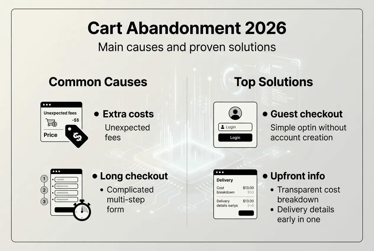 Infographic showing cart abandonment causes and solutions