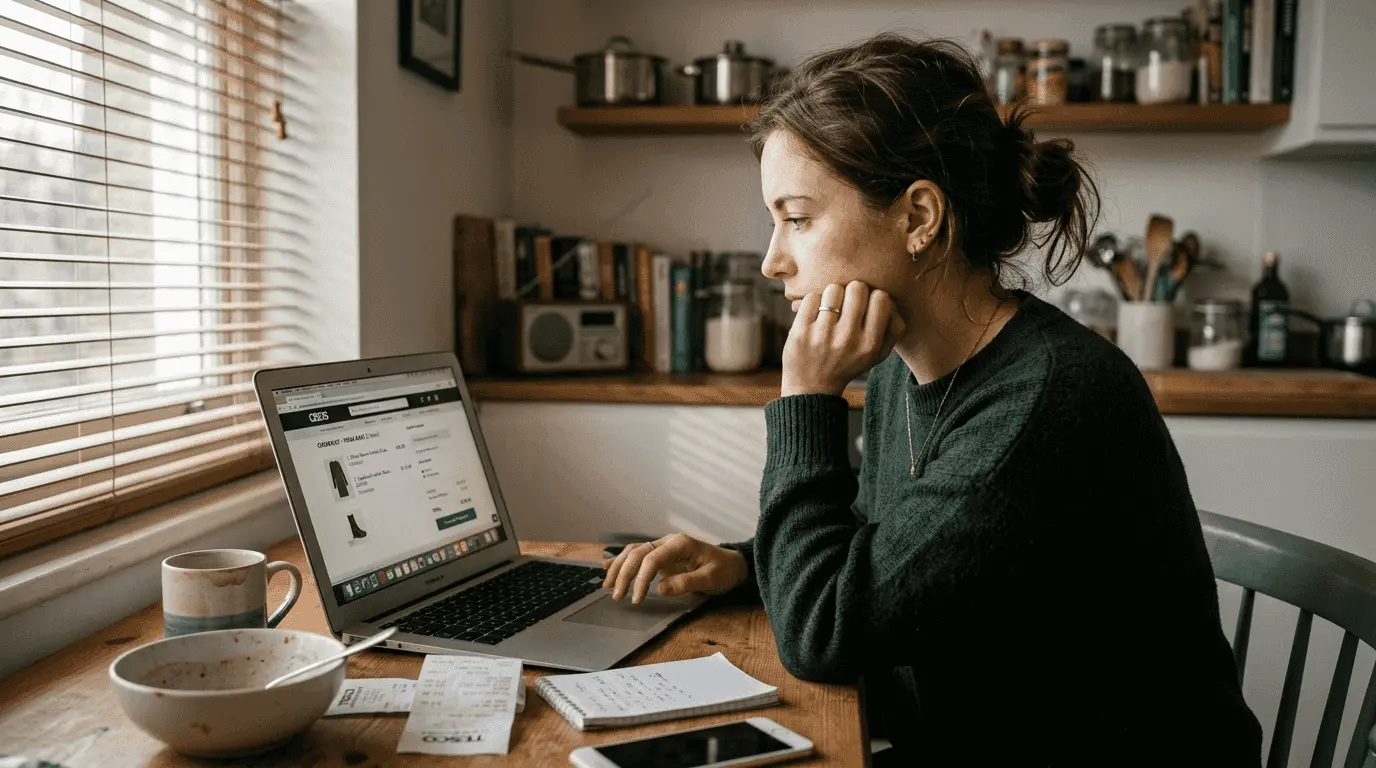 Woman hesitating at online checkout screen