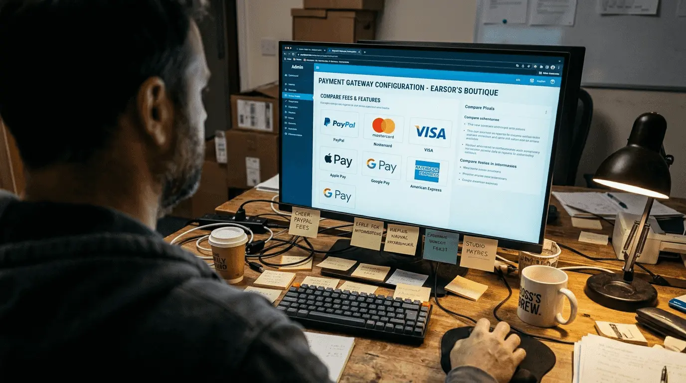 Store owner reviewing payment options on monitor