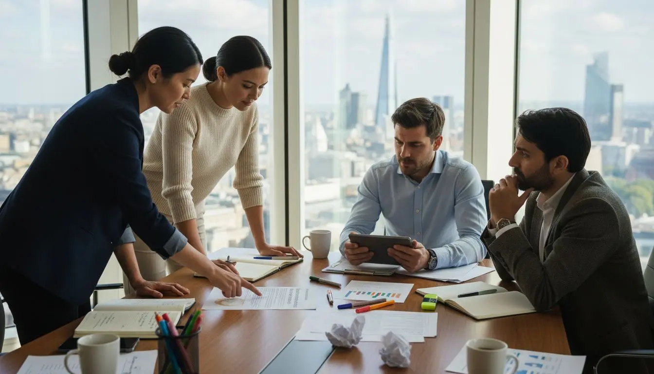 Team collaborating on CSR strategy in corner office