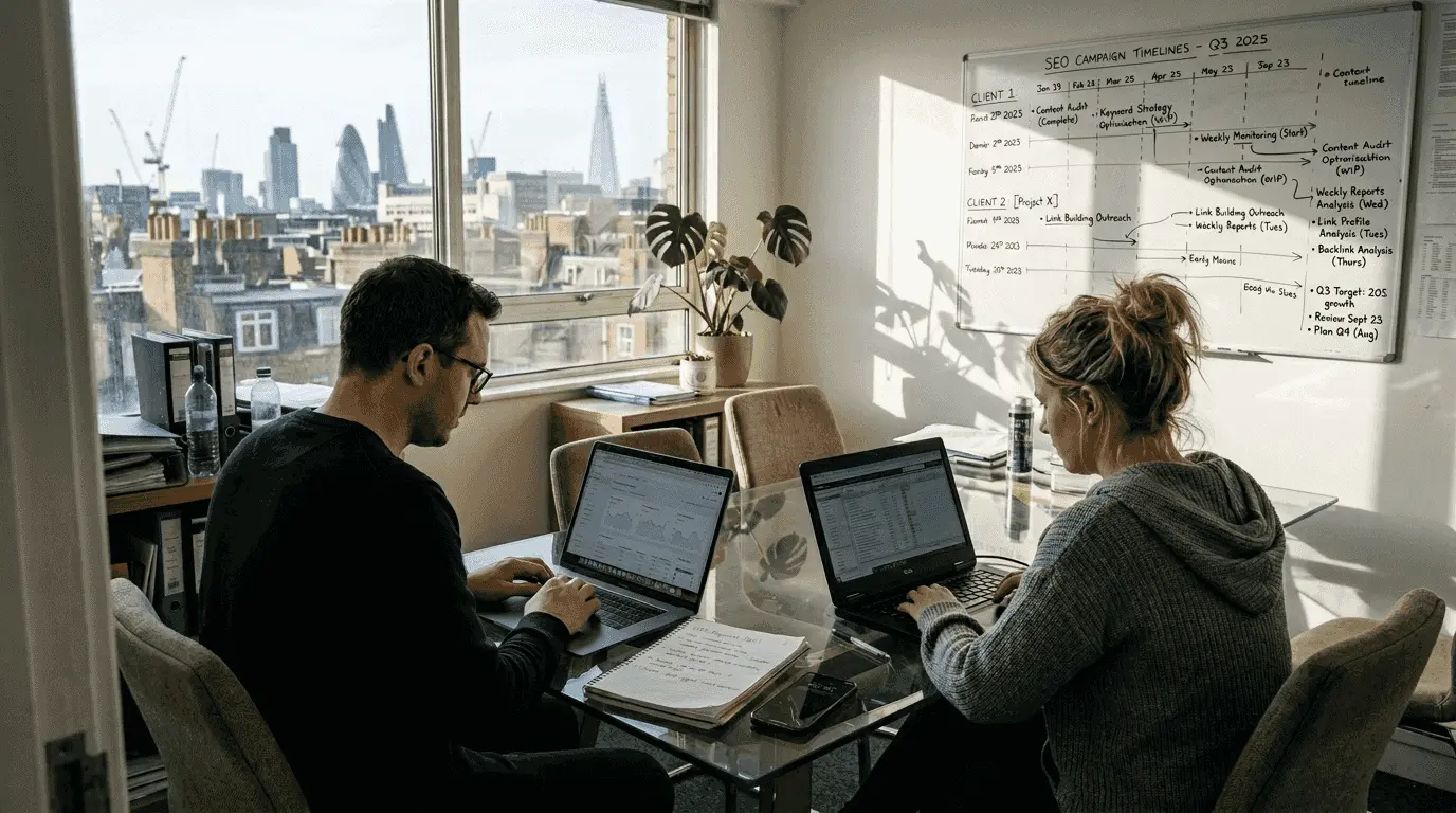 Local SEO experts meeting in sunlit office