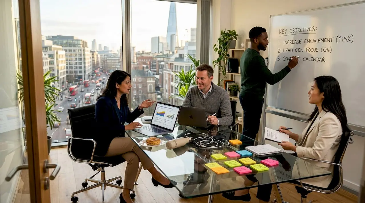 Ecommerce team collaborating in bright urban office
