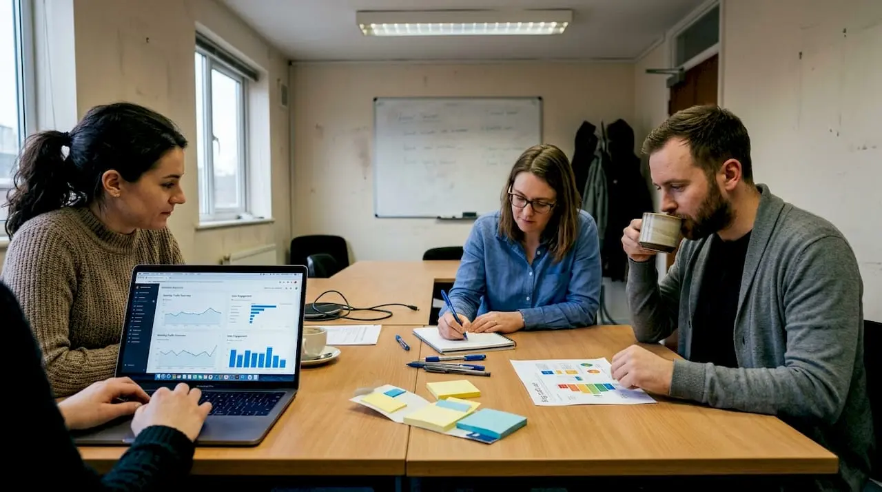 Team reviews blog analytics in conference room