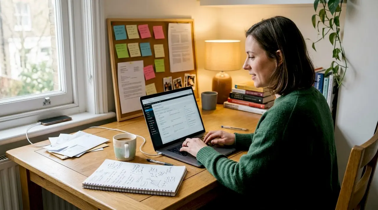 Business owner writing blog at home office desk