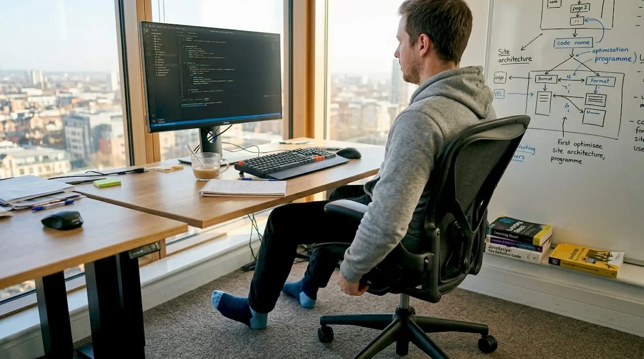 Web developer coding in corner office