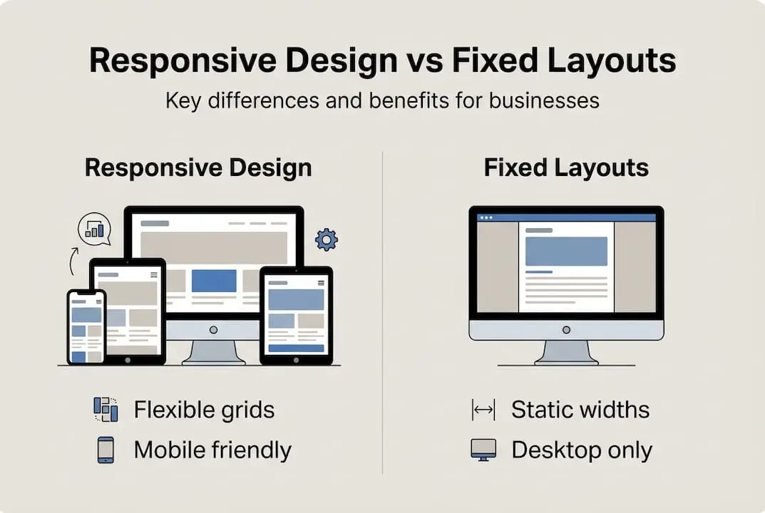 Infographic compares responsive and fixed layouts