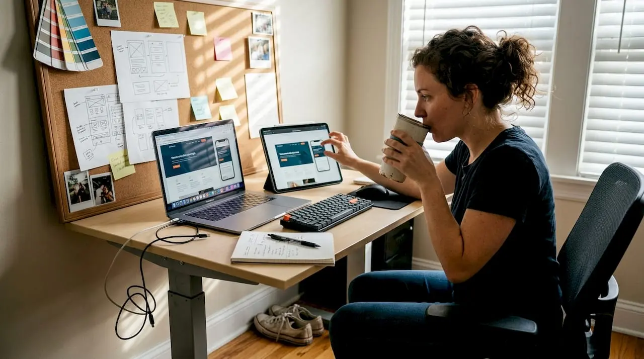 Web designer checks site on laptop and tablet