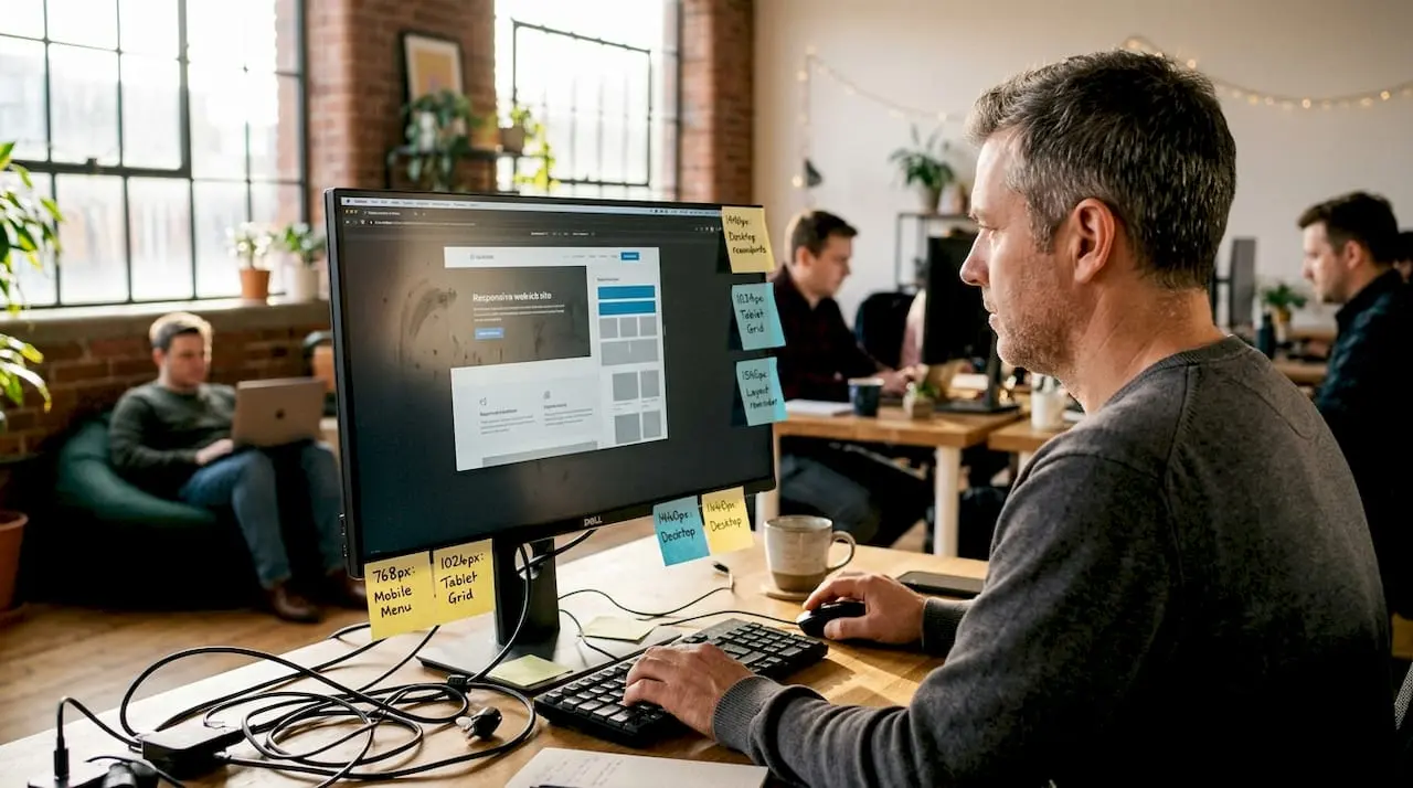 Developer testing website layout with browser resizing