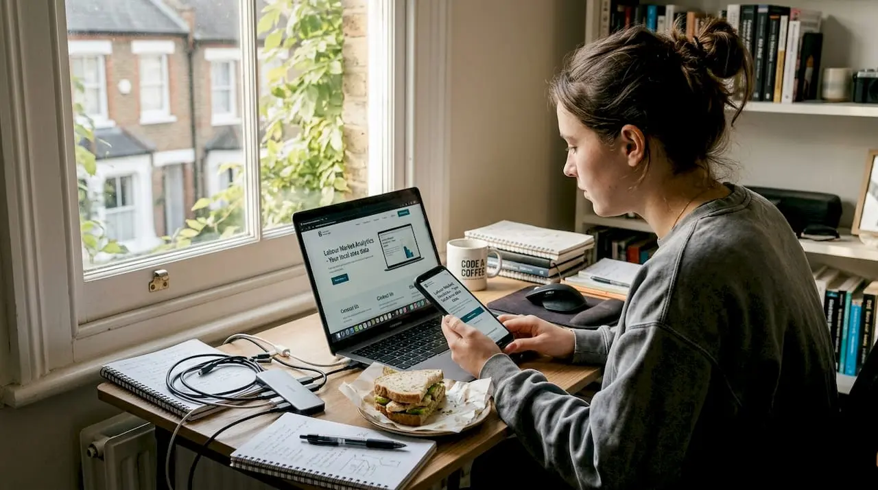 Web developer testing mobile website at desk