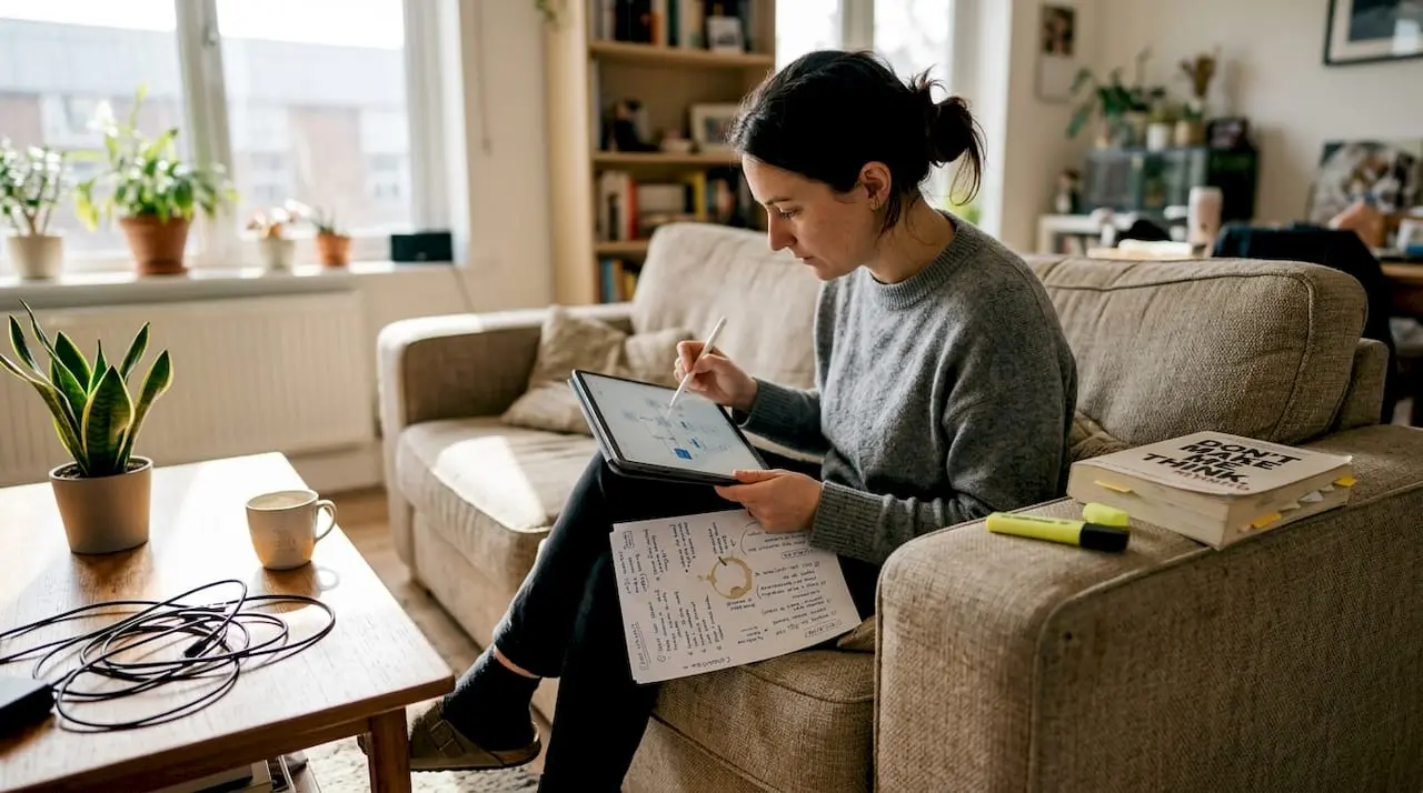 Designer reviewing mobile usability checklist at home