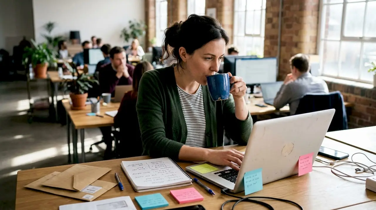 Marketer crafting email campaign at desk