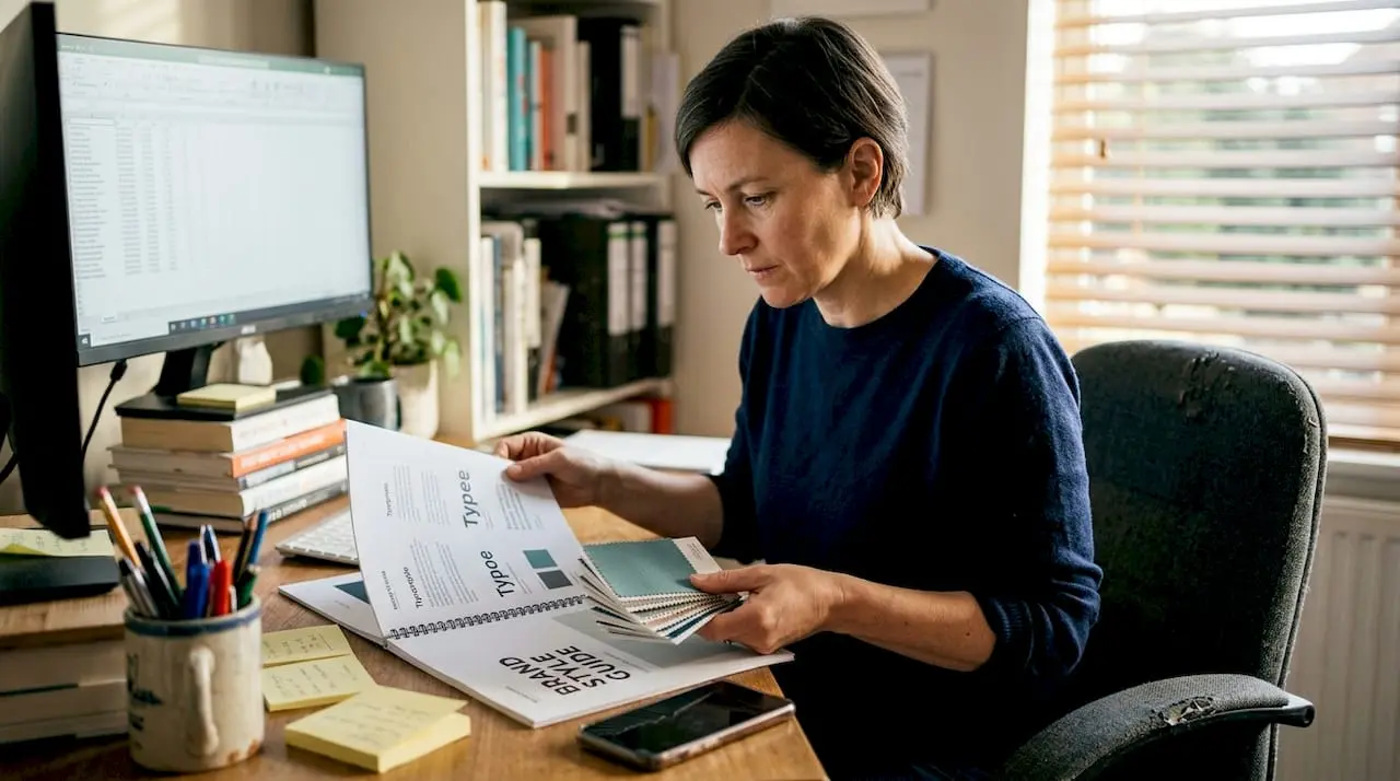 Business owner reviews style guide at desk
