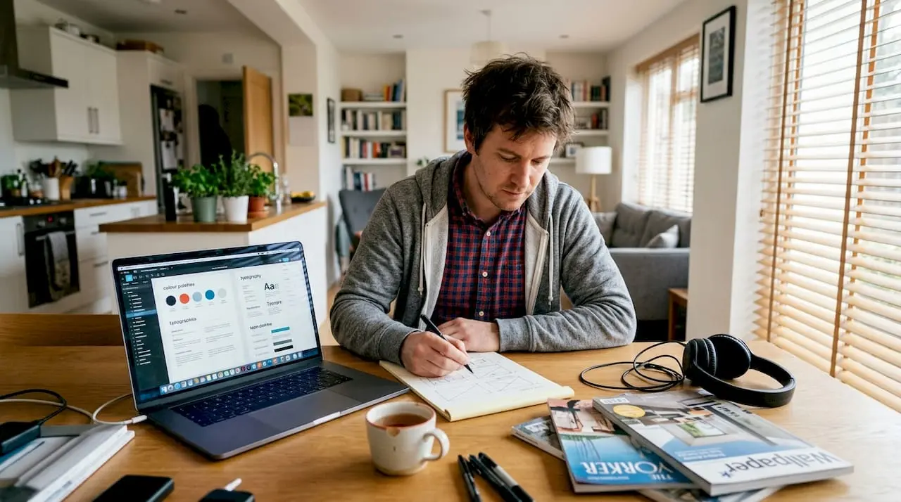 Web designer sketching branding at kitchen table