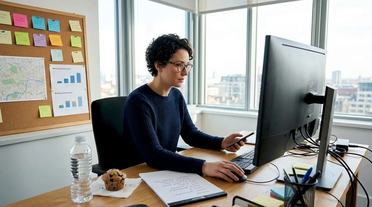 Business owner reviews website analytics in office