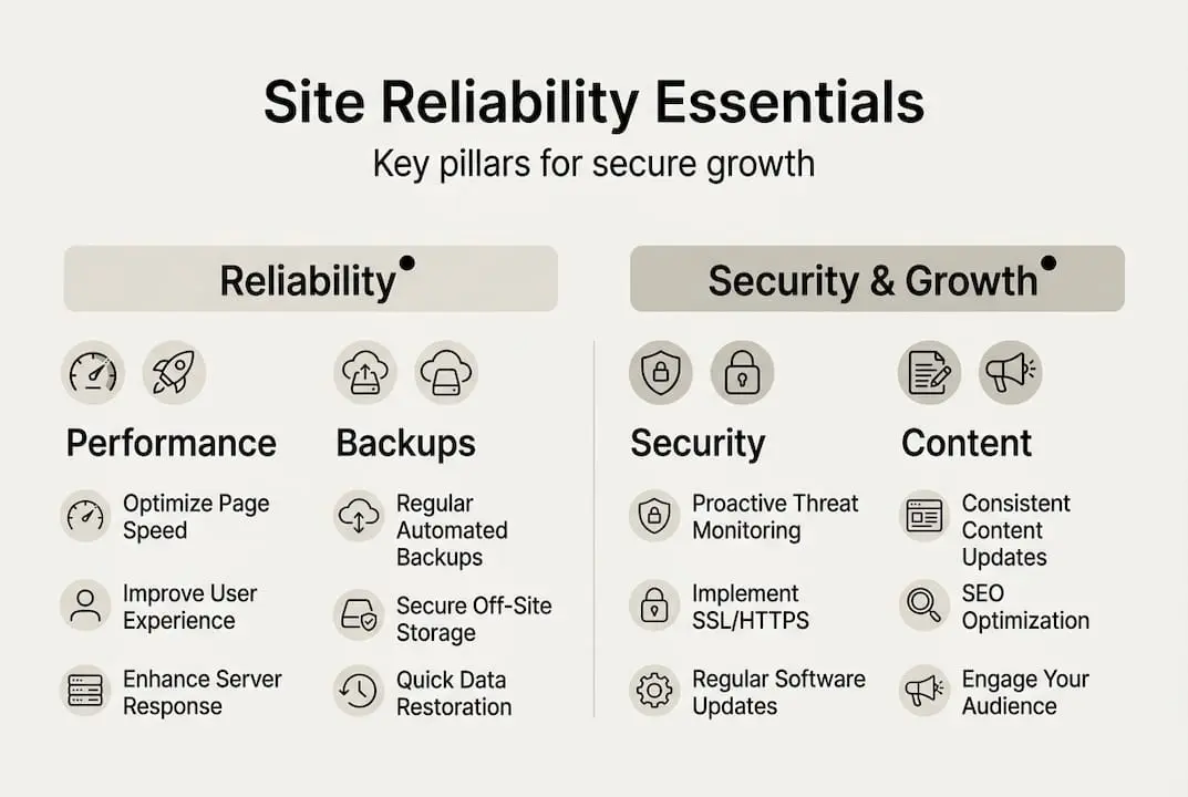 Infographic showing site reliability pillars