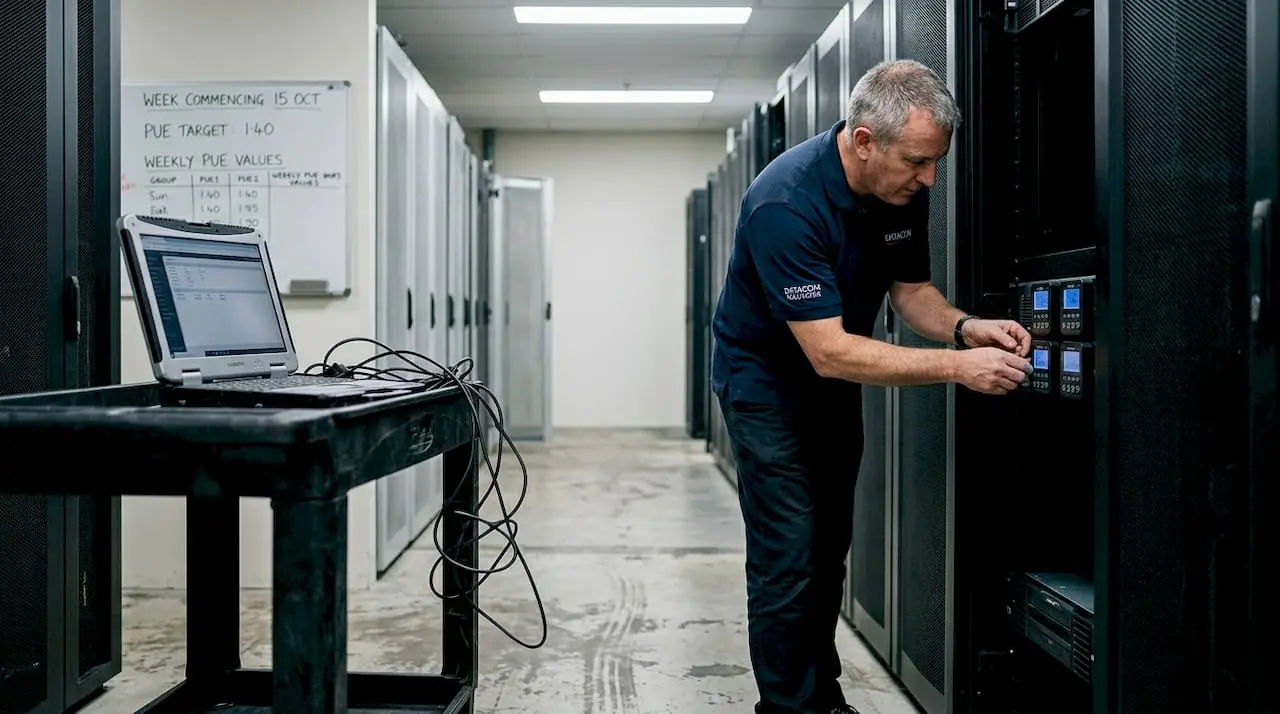 Technician checks meters in server room